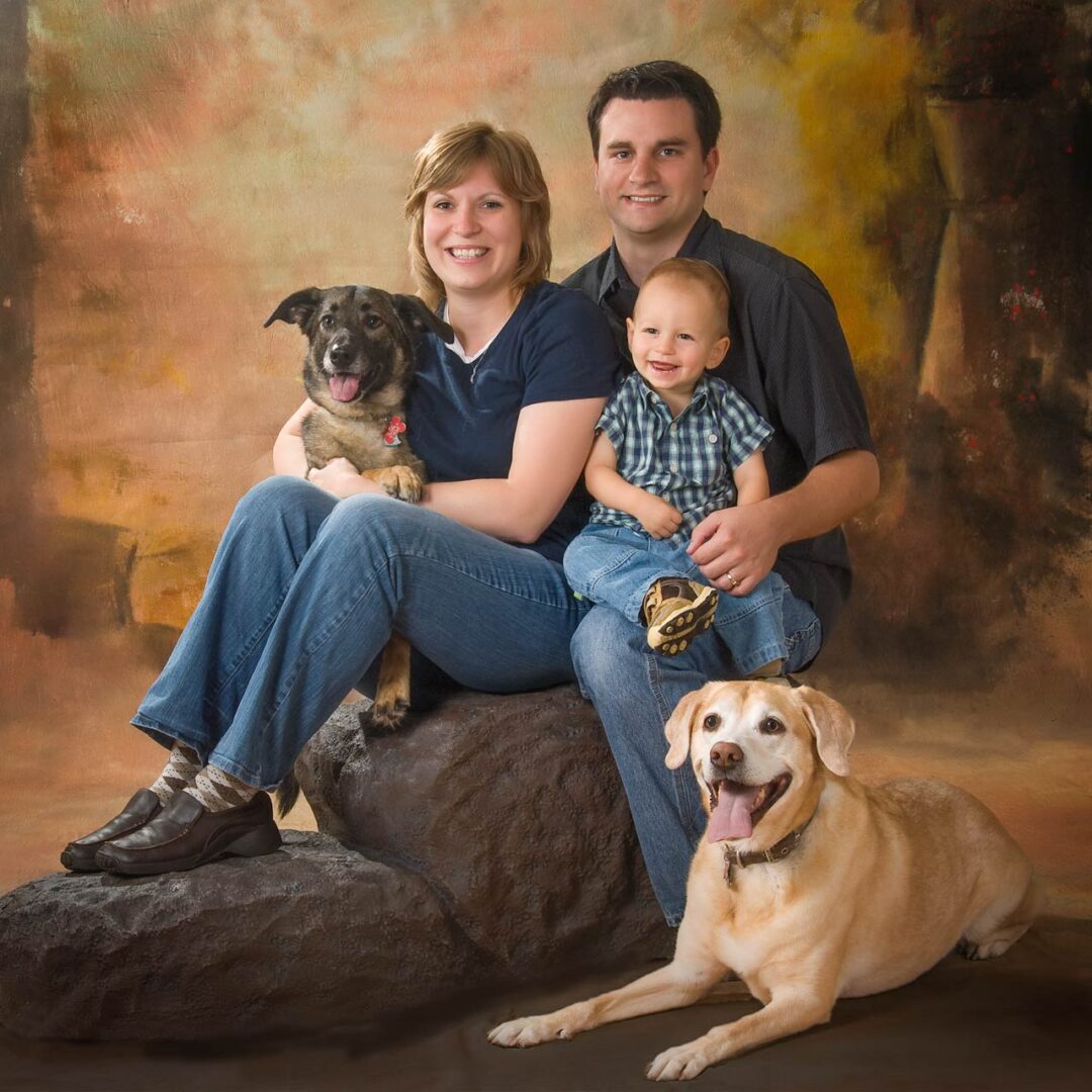 A family with two dogs and one baby