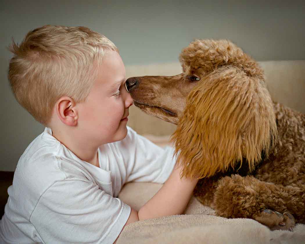 A boy and his dog are kissing each other.