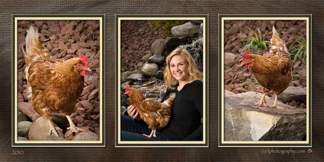 A woman holding a chicken in front of some rocks.