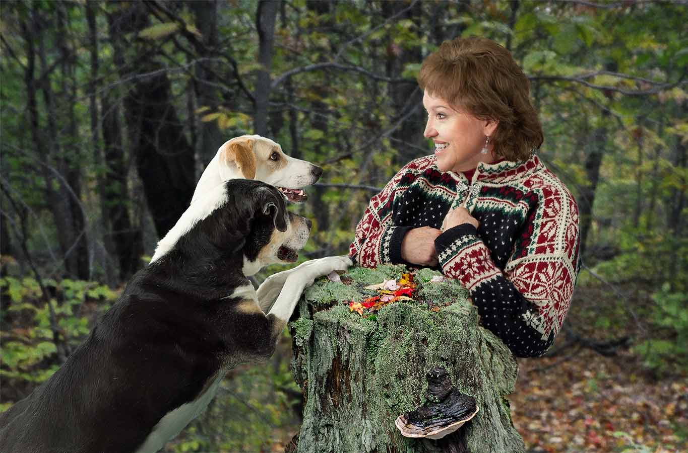 A woman and dog are sitting on the stump.