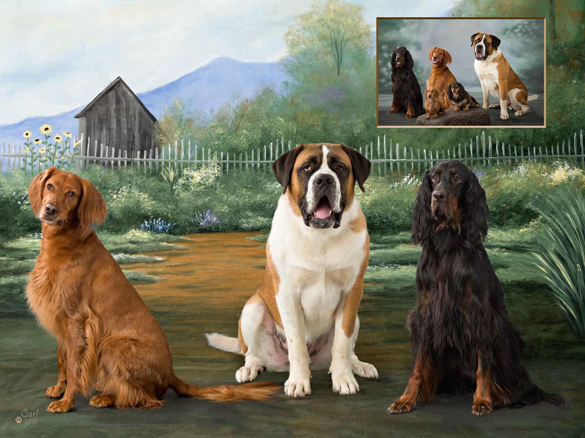 A painting of three dogs sitting in front of a fence.