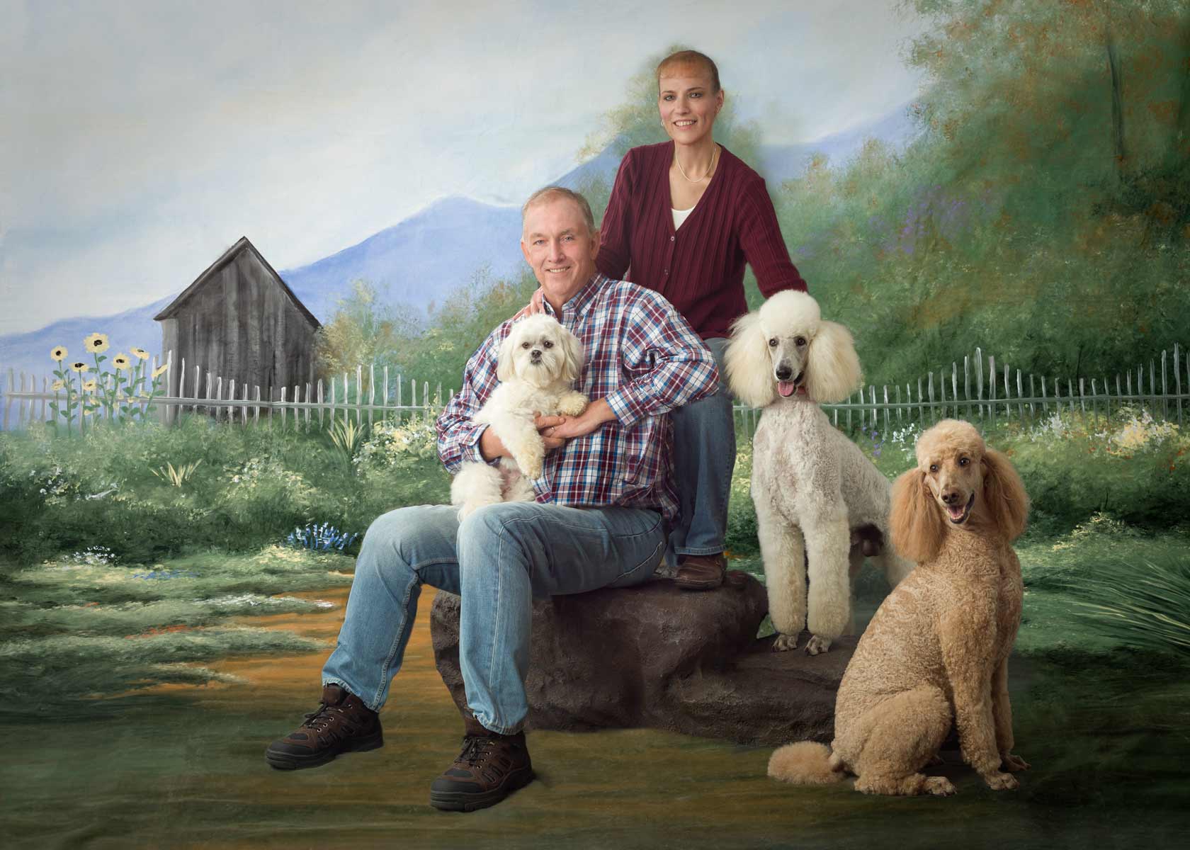 A painting of two people and three dogs