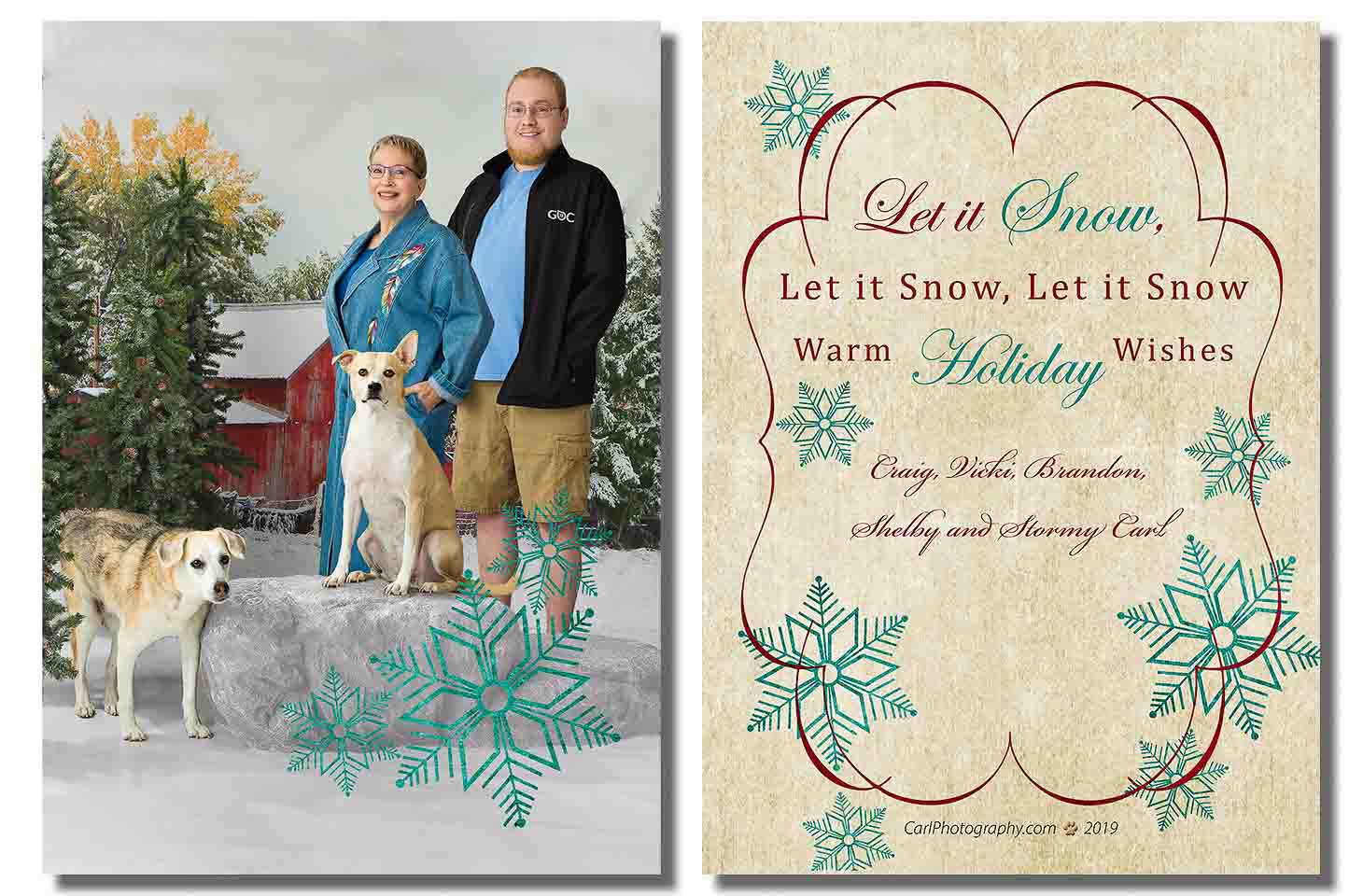 A couple with their dog and christmas card