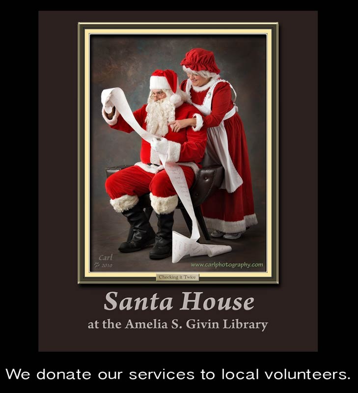 A poster of two people dressed as santa claus